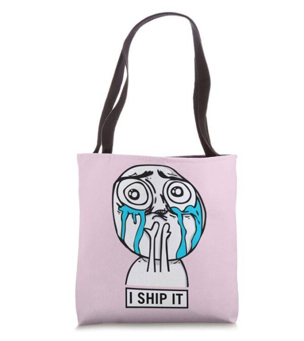 Light pink tote bag with cute meme crying blue tears with text in a rectangle that says I Ship It.