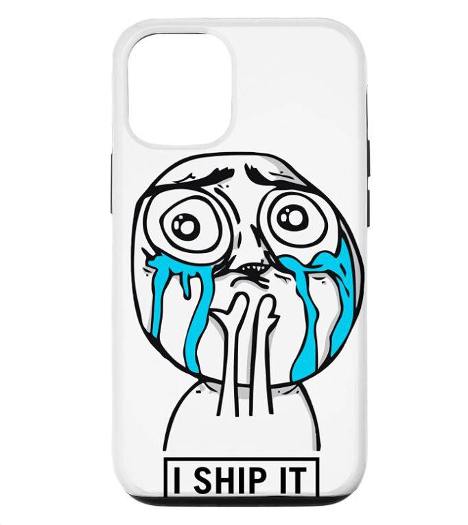 white iphone cover with cute meme drawing crying blue tears and black text underneath that says I Ship It.
